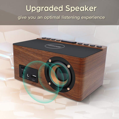ANJANK Wooden Digital LED Alarm Clock FM Radio, Fast Wireless Charger Station for iPhone/Samsung Galaxy, 5 Level Dimmer, USB Charging Port, 9 Sounds, Sleep Timer for Bedroom, Bedside, Desk