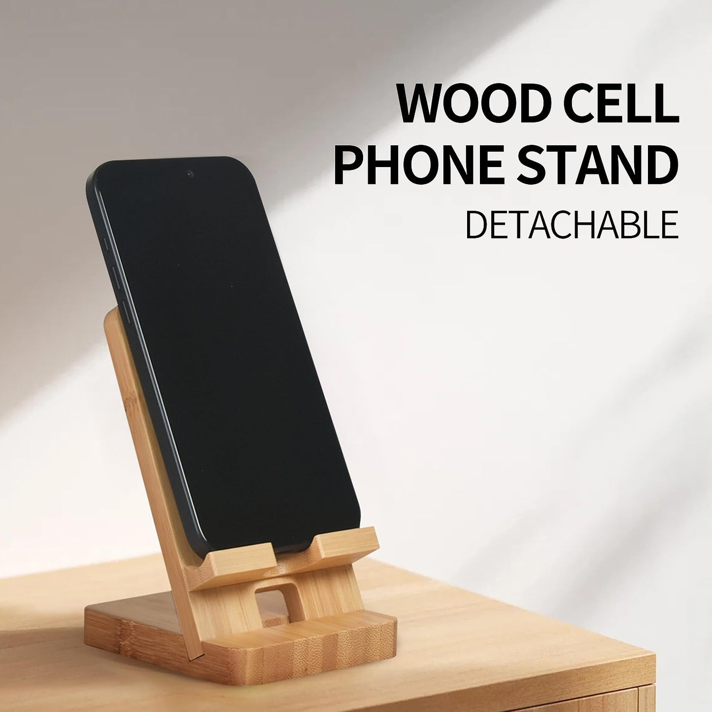LUCKY BEAN Wood Phone Stand, Desktop Wooden Phone Holder, Portable Office Phone Stand for Desk, Wood ipad Stand， Compatible with iPhone & All Cell Phones (Bamboo)