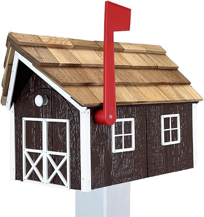 Peaceful Classics Amish Cedar Roof Wooden Mailbox with Window & Door Trim, Handcrafted Mailboxes for Outside, Post Mount Residential Mailboxes - (Brown & White, Wood)