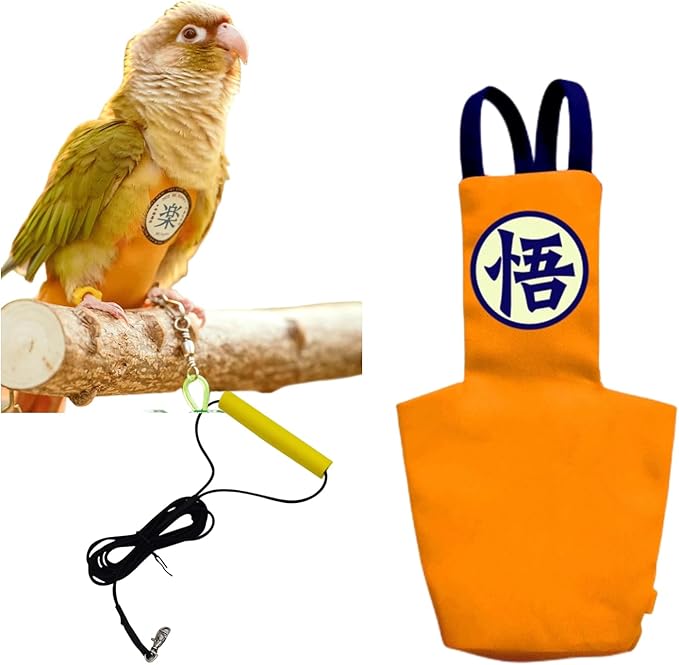 MANON ROSA Bird Diapers Leash Set Washable Reusable Handmade Flight Suit Waterproof Inner Layer - Protective Parrot Nappy Clothes Parakeets Macaws Budgies Canaries (Orange1,Ring-Necked Parakeet)