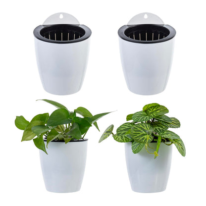 MyGift 5 Inch Wall Mounted Modern White Plastic Self Watering Planter Pots, Small Hanging Double Layer Wall Planter, Tabletop Mini Plant Container for Herb Succulent Cactus Flower, Set of 4