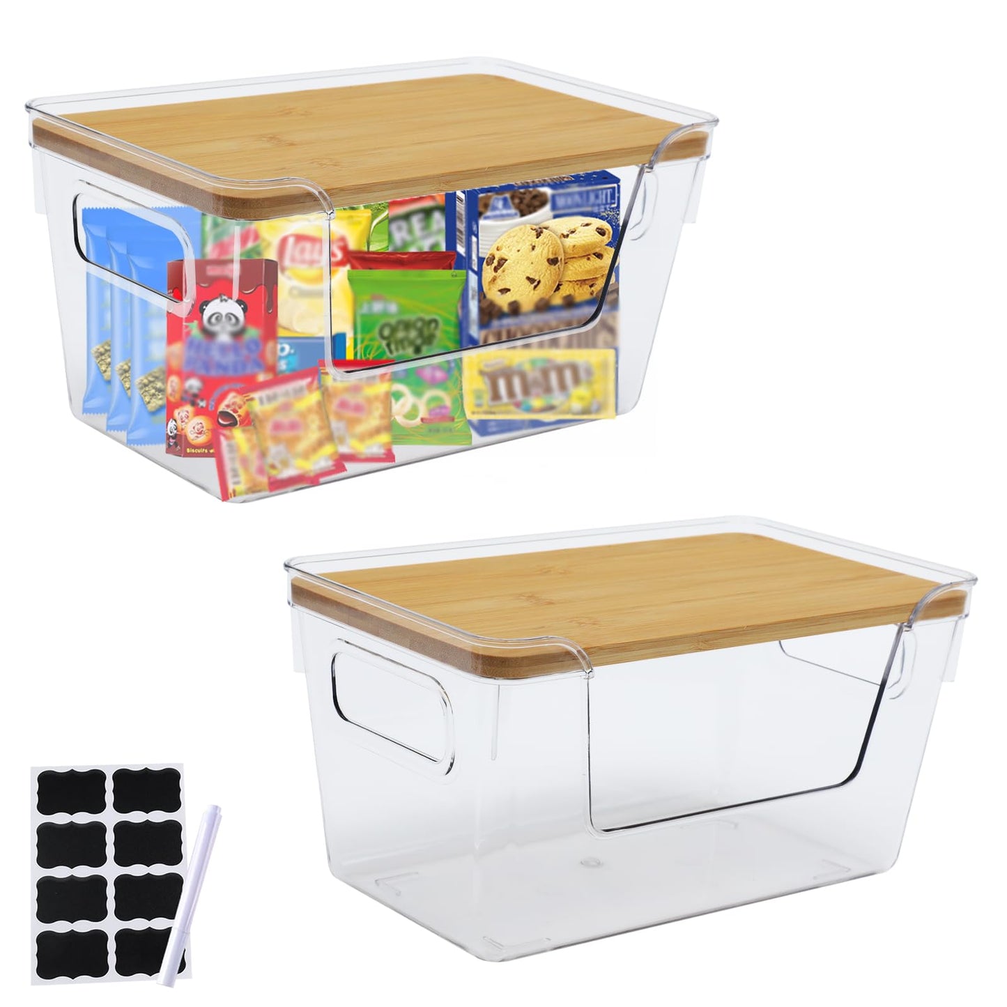 Yomjarl 2 Pack Snack Station Organizer for Pantry Shelf,Snack Bar Station Storage Basket with Handle & Wooden Lid,Stackable Plastic Baskets for Storage Pantry Bins Organizer,Kitchen Organization Box