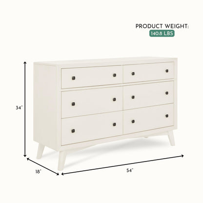 Evolur Loft Antilia Mid-Century Double Dresser in Vanilla Bean, 6 Spacious Drawers, Comes Fully Assembled, Included Anti-Tipping Kit, Wooden Nursery Furniture