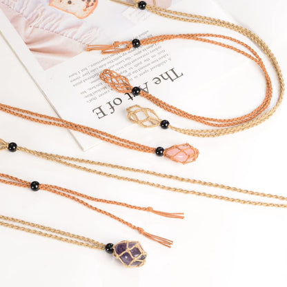 Anjiucc 12 PCS Crystal Cage Necklace With Adjustable Length - Empty Stone Pendant Holder Replacement Hand-Woven Cord (Coffee + Khaki)