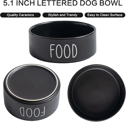 Elevated Ceramic Dog Bowls Set - Food & Water Lettering Raised Dog Bowl with Non-Slip Bamboo Stand for Cats and Small Dogs, Weighted Dogs Dishes Pet Bowls (5.1 inch, 2 * 16oz, Black)