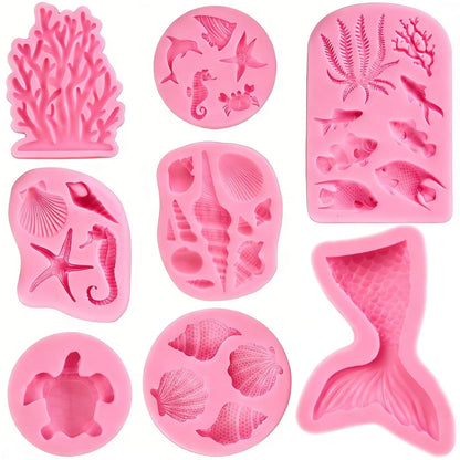 8 PCS Marine Theme Fondant Silicone Mold Seashell Seaweed Sea Fish Coral Conch Sea Turtle Shape DIY Handmade Baking Tools for Cake Cookie Chocolate Candy Decoration Crafts Polymer Clay