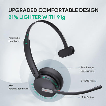 Yealink BH70 Mono Wireless Bluetooth Headset with Microphone for Work, up to 35h Talking, Native Bluetooth via Microsoft Teams Certified, Compatible with Cisco Webex & Jabber, Zoom, Google Meeting