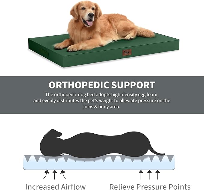 Outdoor Large Washable Dog Bed, Orthopedic Egg Crate Foam Dog Crate Mat for Large Dogs with Removable Oxford Cooling Cover, Dark Green