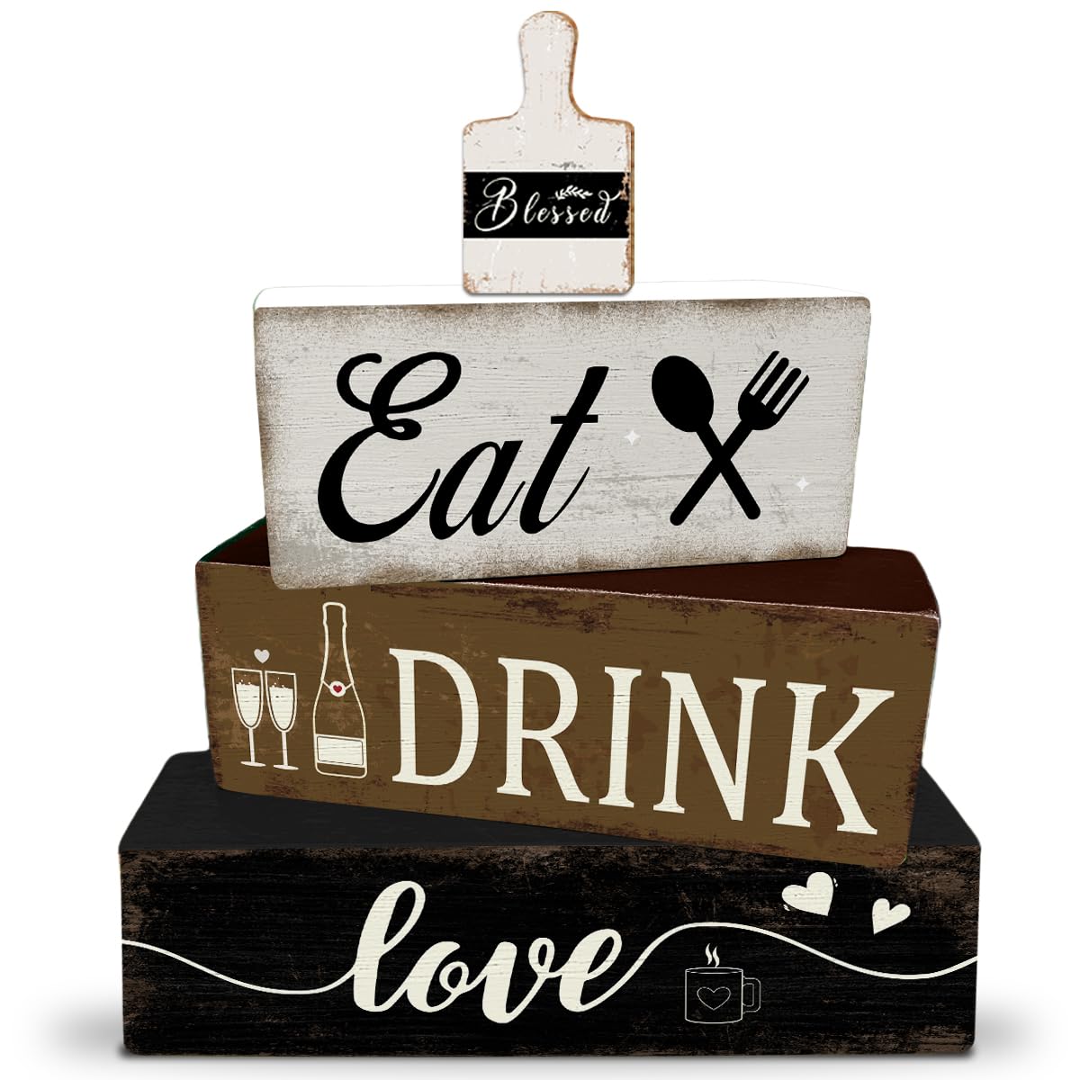 4 Pcs Farmhouse Kitchen Table Decoration Wooden Tiered Tray Decor Rustic Plate Tableware Centerpiece Block Sign for Kitchen Dinging Room Shelf Desk Decoration