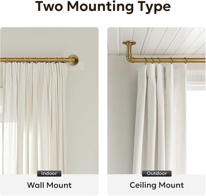 Zeerobee Curtain Rods for Windows 72 to 144, 1 Inch Industrial Wrap Around Warm Gold Curtain Rod, Indoor/Outdoor Room Divider Adjustable Drapery Pole, 72"-144"