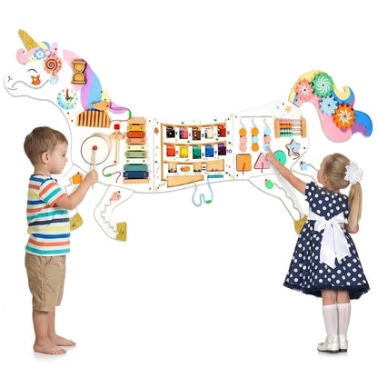 5FT Large Unicorn Activity Wall Busy Board Panels Wooden Learning Activity Center Montessori Sensory Wall Panel for Kids Interactive Educational Toy for Playroom Daycare Nursery Classroom Decor Gift