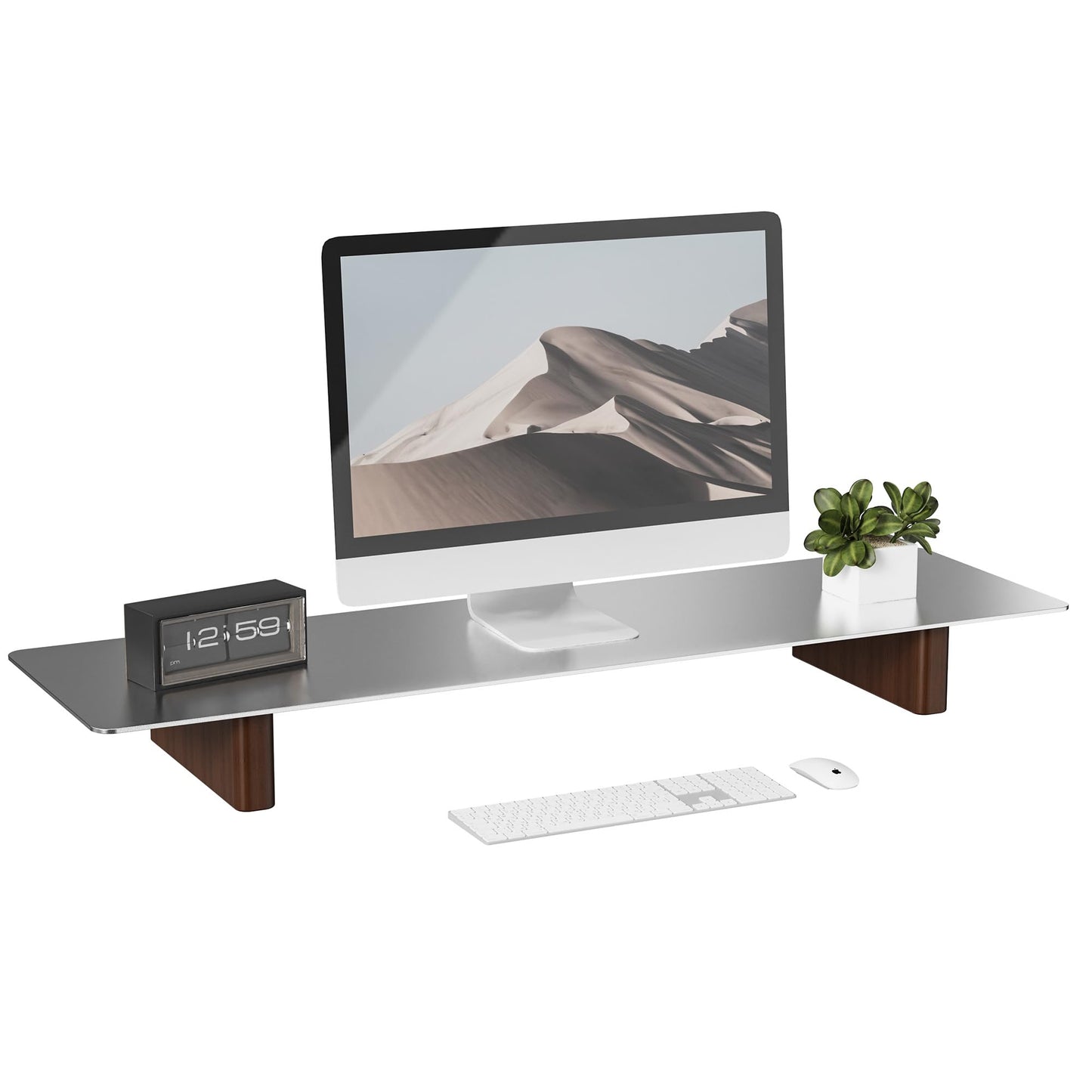 CHENOMiNL Aluminum Monitor Stand Riser, Ergonomic Desktop Shelf with Wooden Legs - 31.5” Wide Heavy Duty Computer Stand for Home Office, Universal Desktop Monitor Riser for PC, iMac, MacBook, Laptop