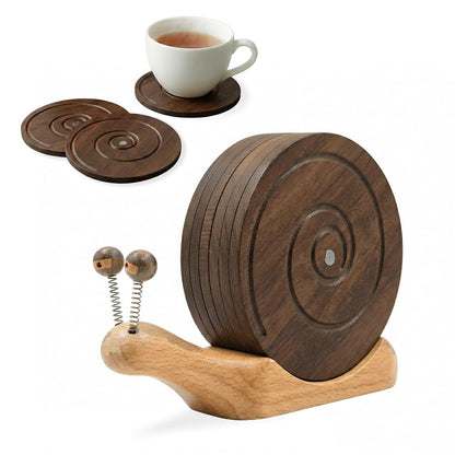Snail Wooden Coaster Set - 6-Piece Handcrafted Walnut Drink Coasters with Magnetic & Holder - Rustic Table Decor for Home Bar, Cabin, Coffee Table & Housewarming Gifts