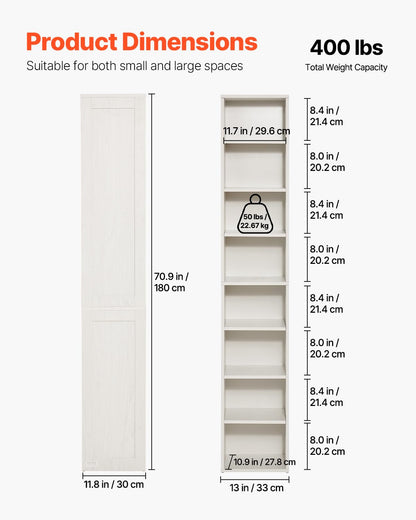 VEVOR 8 Tiers Narrow Bookshelf, 71 in Wooden Tall Open Bookcase with Height-Adjustable Shelf, Freestanding Display Storage Floor Bookcase Bookshelf for Library, Bedroom, Living Room, Office, White