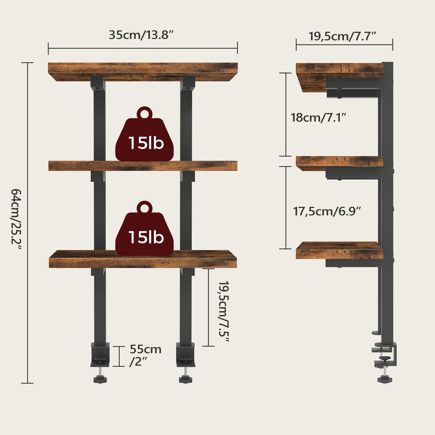 MAHANCRIS Clamp On Desk Organizer, 3-Tier Desktop Bookshelf, Adjustable Desk Storage Shelf, Metal Frame, for Office, Study and Game Room, Rustic Brown DSHR3601
