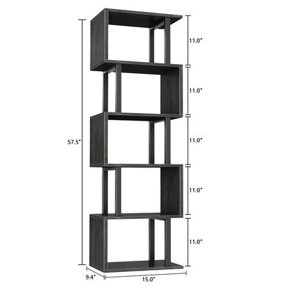 Furologee 6 Tier Bookshelf Tall Geometric Bookcase, S Shaped Industrial Display Standing Shelf, Metal and Wood Decorative Storage Room Divider Rack for Bedroom, Living Room, Office, Light Black Oak