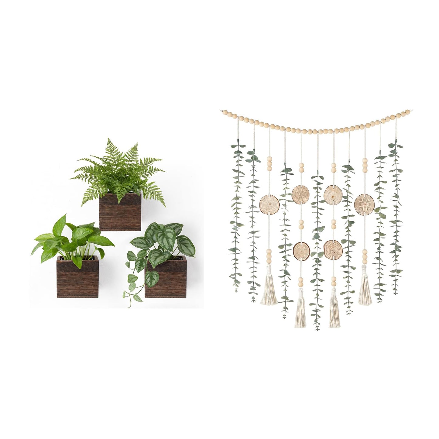 Dahey Hanging Artificial Plant Eucalyptus Wall Decor and 3 Pack Wood Wall Hanging Planter Boxes for Rustic Farmhouse Living Dining Room Bathroom Bedroom Kitchen Garden Home Decor