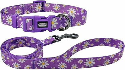 Dog Collar Leash Set, Floral Pattern, Polyester Material, Adjustable Collar and 5ft Matching Leash, for Large Dogs.(L, Purple Daisy)