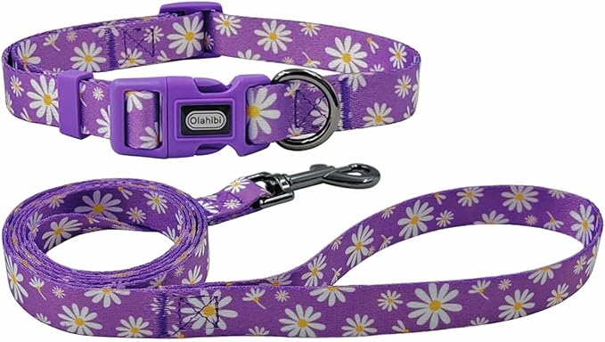 Dog Collar Leash Set, Floral Pattern, Polyester Material, Adjustable Collar and 5ft Matching Leash, for Puppy Dogs.(XS, Purple Daisy)
