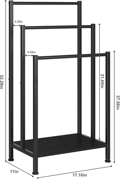Freestanding Towel Rack for Bathroom, Black Standing Towel Rack Bath Towel Holder Stand Floor 3 Tier Blanket Rack Outdoor Towel Rack Standing Metal Blanket Ladders for The Living Room