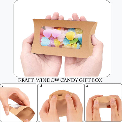 100 Pcs Pillow Gift Boxes with Windows,Kraft Paper Mini Pillow Packaging Box, Creative Favor Box Folding Treat Boxes with Clear Window for Bakery Candy Chocolate Jewelry Display Wedding Party Favor (kraft 100Pcs)