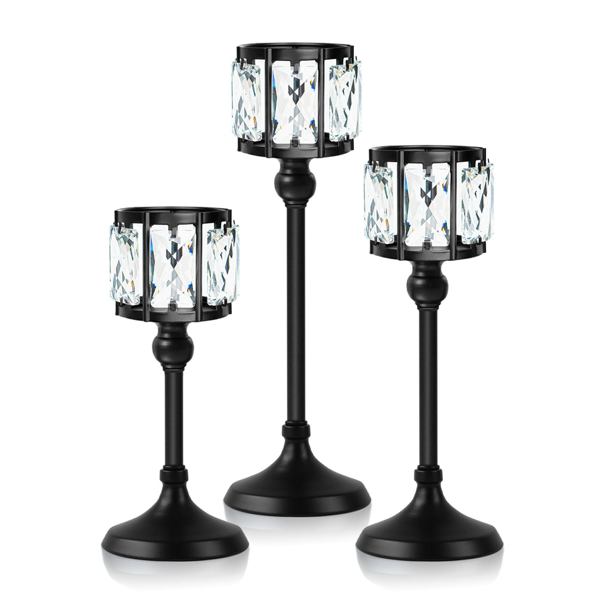 Set of 3 Cup Crystal Tealight Candle Holders, Centerpieces for Table Wedding Centerpieces Crystal Decorative Tealight Candle Dining Table Candle Holder Decor for Party (8.7"+10.6"+12.2", Black)