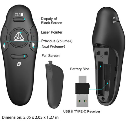 2-in-1 USB Type C Presentation Clicker Wireless Presenter Remote with Laser Pointer, RF 2.4GHz USB C PowerPoint Clicker Slide Advancer for Computer/Mac/Laptop