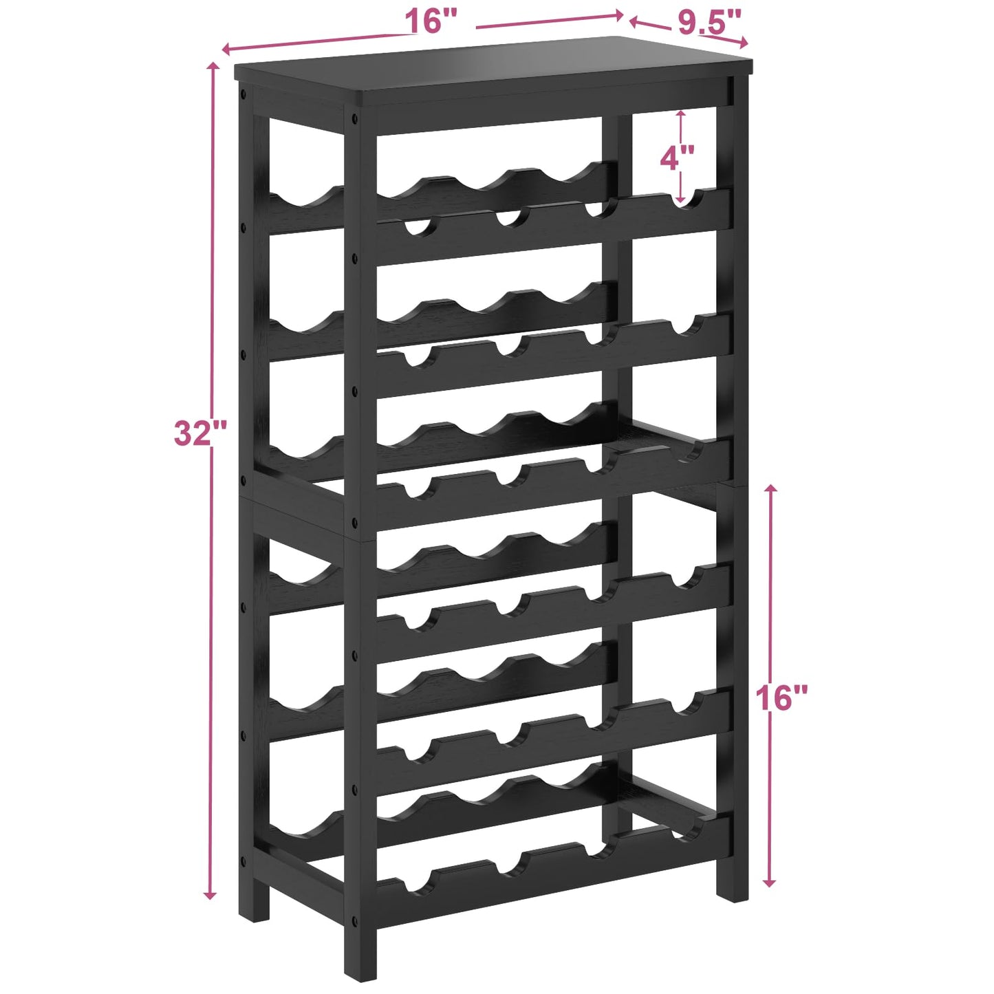 MOGELAFOO 6 Tier Bamboo Wine Rack Freestanding Floor, 24 Bottles Wine Storage Shelves with Table Top, Stackable Wine Display Rack for Kitchen, Bar, Dining Room, Black