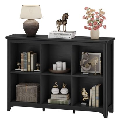 BON AUGURE 6 Cube Storage Organizer Bookcase, Horizontal Bookshelf with Curved Edge, Floor Standing Low Wooden Book Shelf for Living Room, Office -Black Oak, 43"