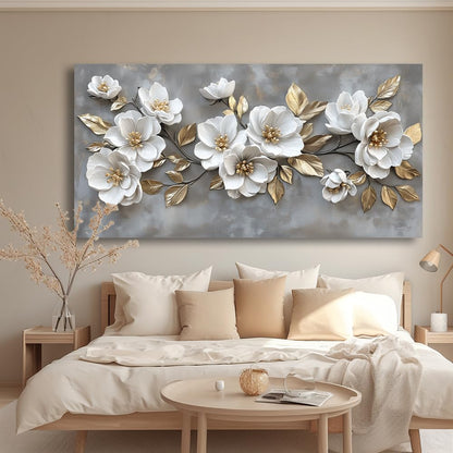LAVIKARS Modern Gray Flowers Wall Art for Living Room Office White and Golden Floral Landscape Canvas Painting Prints Large Delicate Petals Artwork Kitchen Home Bedroom Decor (16x30 Inches)