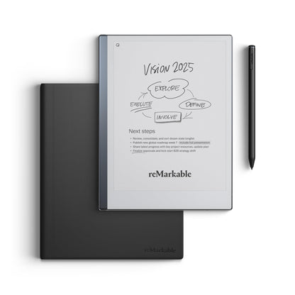 reMarkable Essentials Bundle - Leather Folio | reMarkable 2 Paper Tablet | Black and White 10.3'' Writing Tablet, Marker Plus Pen with Built-in Eraser and Book Folio Case in Black Premium Leather