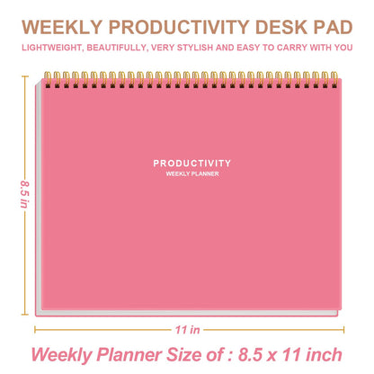 Weekly Productivity Planner - 8.5" x 11" Dashboard Desk Notepad Has 6 Focus Areas to List Tasks for Goals, Projects, Clients, Academic or Meal-Organize Your Daily Work Efficiently, 54 Weeks, Pink