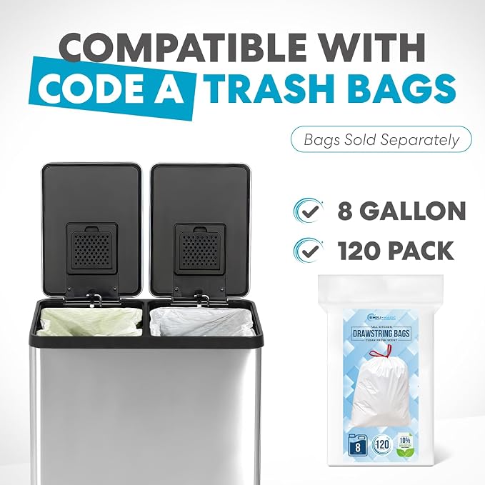 Simpli-Magic 16 Gallon (60L) Step Trash Can – Dual Compartment Kitchen Garbage Can with Waste & Recycling Bins – Slow-Close Lid, Odor Control, Hands-Free, Inner Bases, Premium Stainless Steel