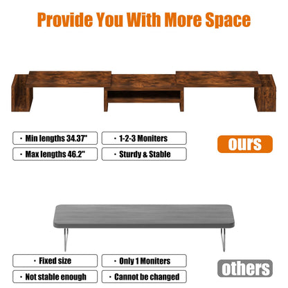 Wood Dual Monitor Stand Riser, Desk Organizers and Accessories with Storage Pen Holders, Adjustable Length and Angle 3 Shelf Extra Long 46" Desktop Organizer for 2 Monitors, Computer, Laptop, TV,Rustic Brown (Triple)