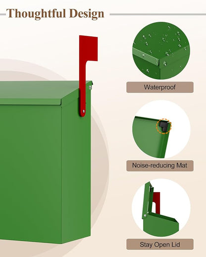 Wall-Mount Mailbox for Outside, Large Capacity Rust-Proof Mail Box with Stay-Open Lid & Red Flag Kit, Galvanized Steel Weather-Resistant Post Box for House Outside, 10.5"x4.3"x14.2", Green