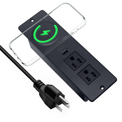 Recessed Power Strip with 15W Wireless Charger,Furniture Recessed Outlet with USB C Fast Charging,Desktop Charging Station & 2 Outlets,2 USB Ports Table Power Strip for Furniture, Home, Office.