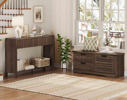 FATORRI Shoe Storage Bench and Console Table with 2 Drawers for Entryway, Living Room (Dark Walnut)