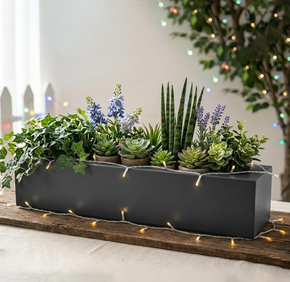 XIKENGSHQ Sleek Oblong Faux Succulent Arrangement – Rectangular Planter for Indoor/Outdoor – Lightweight, Shatterproof – Modern Greenery Décor to Elevate Home & Garden Surfaces (Excludes Plants) Gray