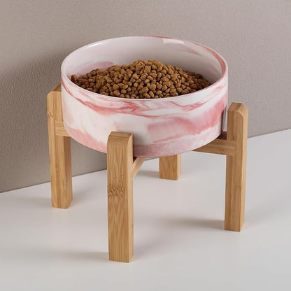 Raised/Elevated Ceramic Dog Bowl for Small Medium Sized Breeds,Dog Food Water Bowl with Stand,6 in Non Slip Heavy Pet Feeding Dish 3.6 Cups/ 850 ml /28 OZ Marble Pink