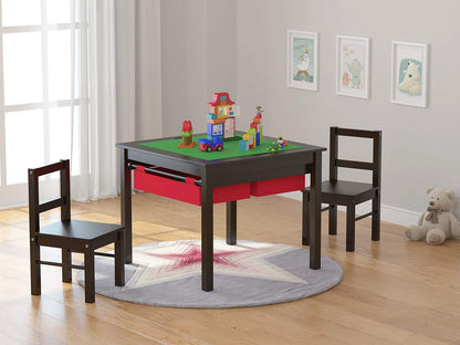 UTEX Wooden 2 in 1 Kids Construction Play Table and 2 Chairs Set with Storage Drawers, and Built in Plate Compatible with Lego and Duplo Bricks(Espresso with Red Drawers)