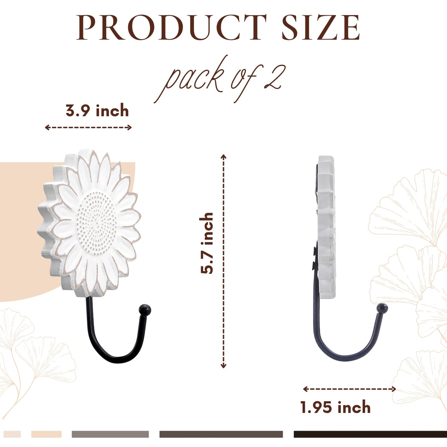 TRENDIN Rustic Wooden Sunflower Wall Hooks Set of 2, Distressed White Decorative Wall Hooks for Coats, Hats, Bags, and Keys, Farmhouse Floral Home Decor for Entryway, Bedroom or Living Room