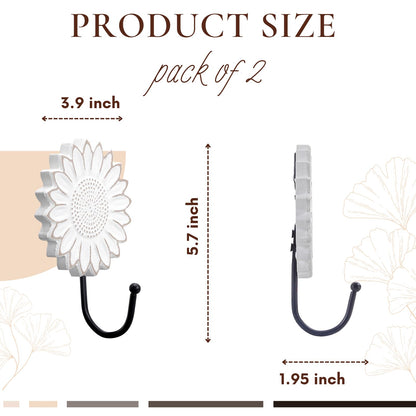 TRENDIN Rustic Wooden Sunflower Wall Hooks Set of 2, Distressed White Decorative Wall Hooks for Coats, Hats, Bags, and Keys, Farmhouse Floral Home Decor for Entryway, Bedroom or Living Room