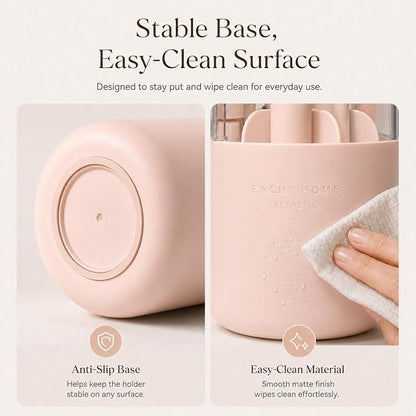 EACHY Makeup Brush Holder with Lid, 360° Rotating Vanity Organizer for Brushes, Dustproof Cosmetic Display Case, 7 Compartments, Waterproof Plastic (Pink)