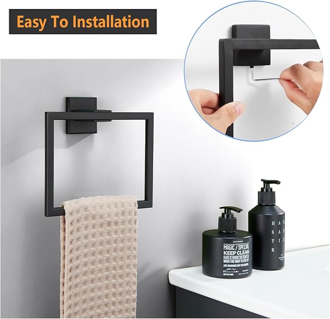 JOPOFI Towel Ring - Thicken Stainless Steel Towel Holder, Towel Racks for Bathroom, Square Modern Design Hand Towel Holder, Contemporary Hand Towel Bar - Matte Black