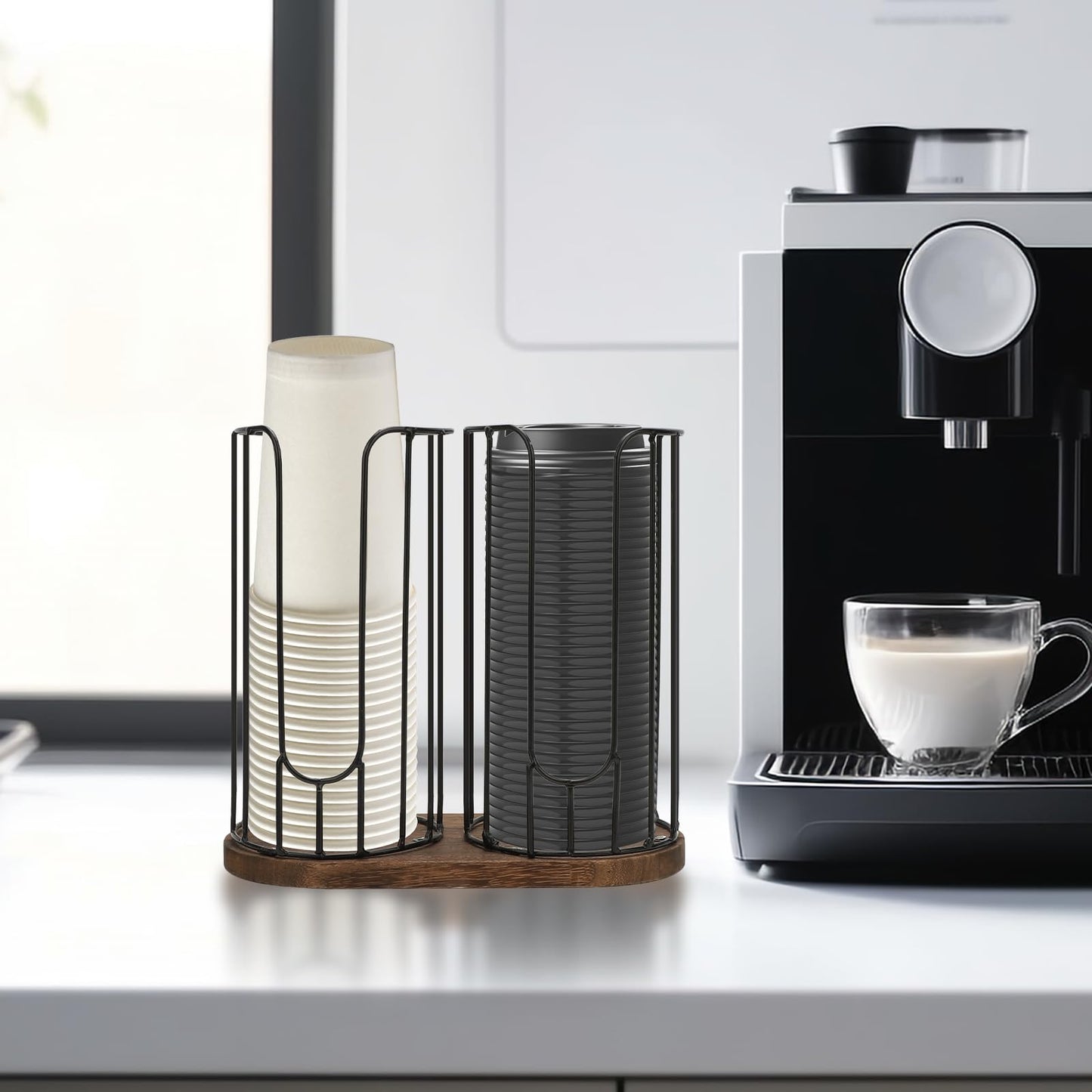 Tanggiteck 2-Compartment 18oz Coffee Cup Dispenser Rack with Wood Base, Disposable Cup, and Lid Organizer for Countertop - Perfect for Paper Cups, and Lid Organizer