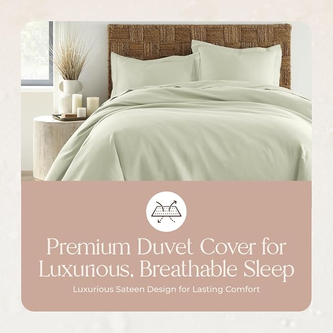 100% Organic Cotton Duvet Cover Queen Size - Naturally Soft Lightweight & Cooling Duvet Cover Set with Decorative Shams - Premium GOTS Certified 300 Thread Count Sateen Weave (Pastel Green, Queen)