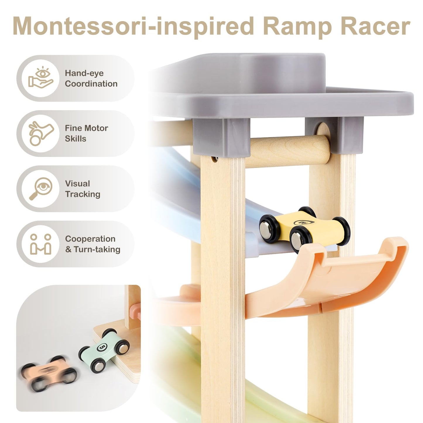 Joyreal Montessori Toddler Toys for 1 2 3 Year Old - 7 Level Wooden Car Ramp Racer Toys with 8 Mini Cars & 2 Garages - Christmas Birthday Gifts for 1-2 Year Old Boys and Girls