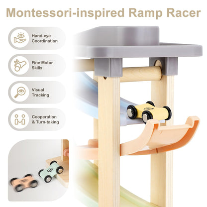 Joyreal Montessori Toddler Toys for 1 2 3 Year Old - 7 Level Wooden Car Ramp Racer Toys with 8 Mini Cars & 2 Garages - Christmas Birthday Gifts for 1-2 Year Old Boys and Girls