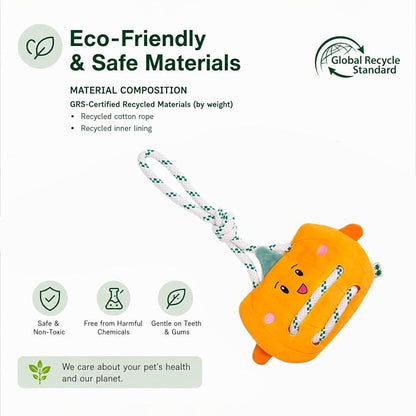 Green Sheep Interactive Plush Dog Toy, No Stuffing Squeaky Toy with Recycled Cotton Rope for Medium to Large Dogs, Pumpkin