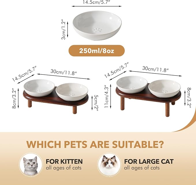 Havniva Elevated Cat Bowls Raised Ceramic Cat Bowl, 5.7” Wide Opening Cat Food Bowl Whisker Friendly Cat Dish Anti-Slip with Wood Stand, Shallow Pet Food & Water Bowl for Indoor Cats